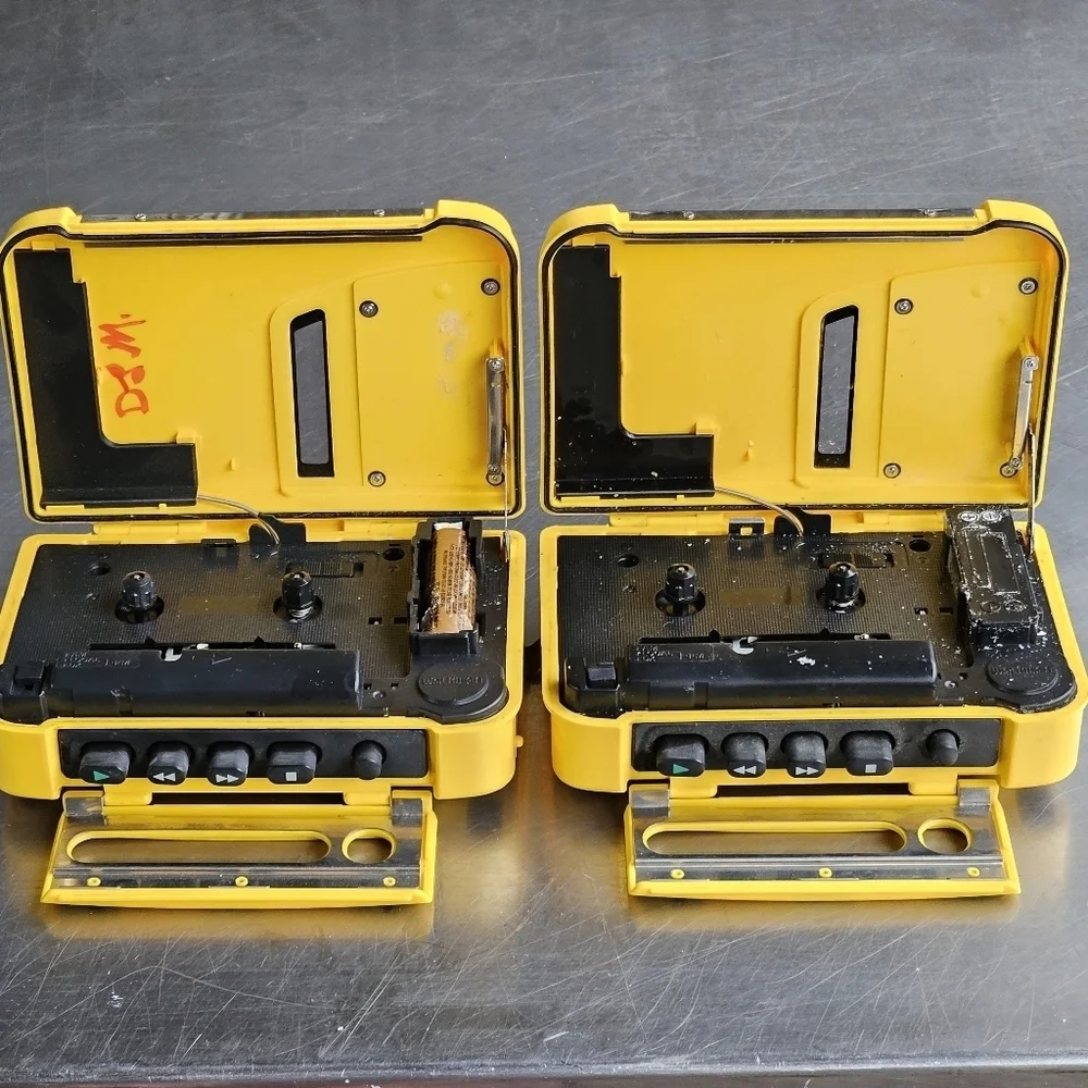 TWO Vintage Sony Yellow Sports Walkman WM-AF58 Radio Cassette Player Solar Alarm